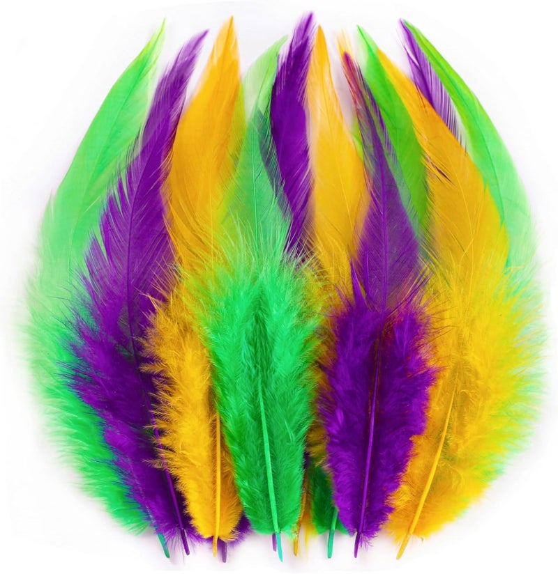 Holmgren Mardi Gras Craft Feathers - 200pcs 5-7inch Rooster Feathers for Mardi Gras Decoration Carnival Masquerade Party Costume Decoration (Mardi Gras) - Image 1